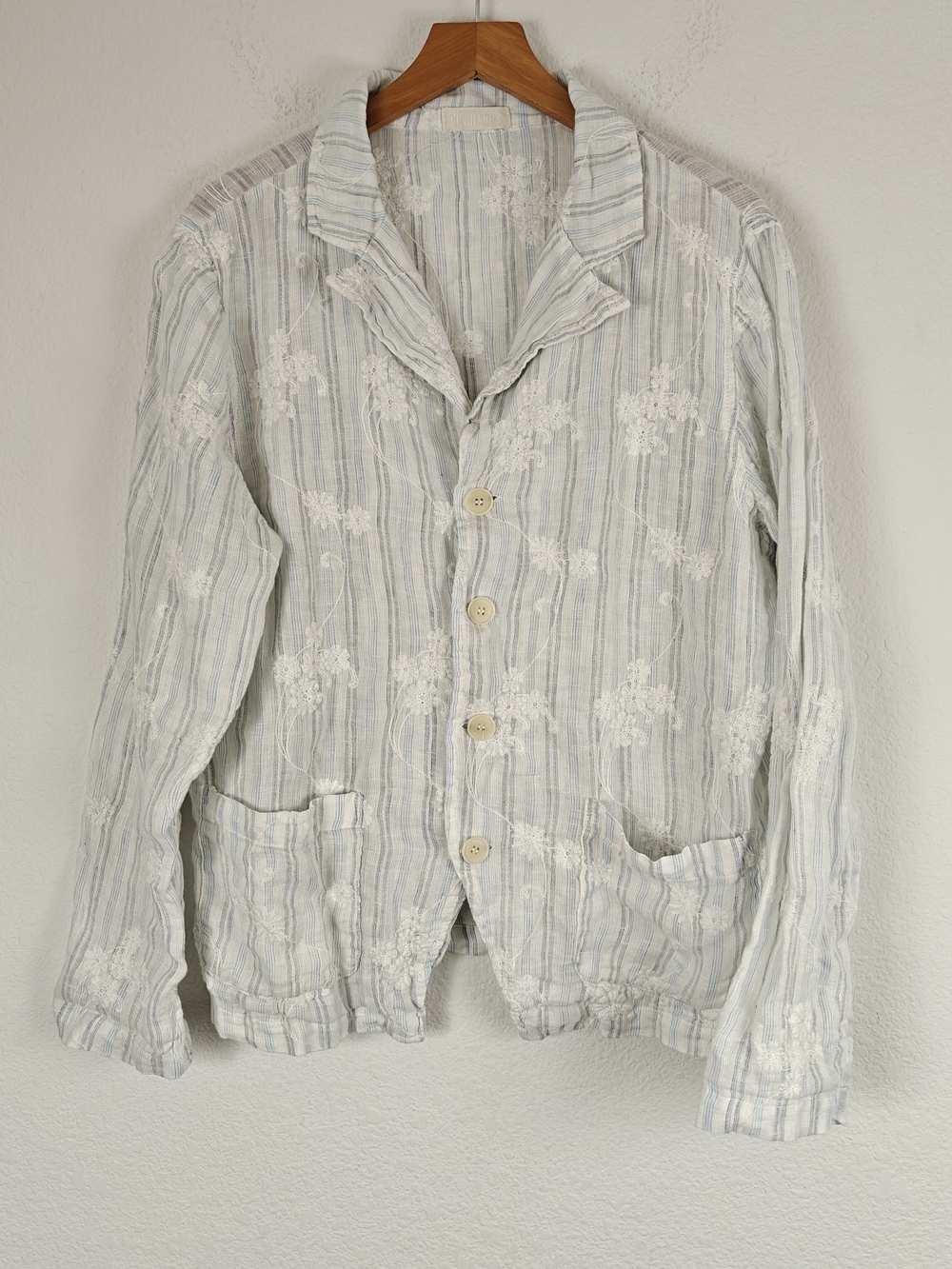 CP Shades “Angelica” Linen Jacket Top Blue Stripe Floral Embroidered Coastal M